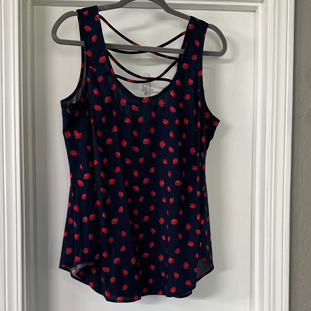 Sleeveless Navy Tank Top with Red Strawberry Print